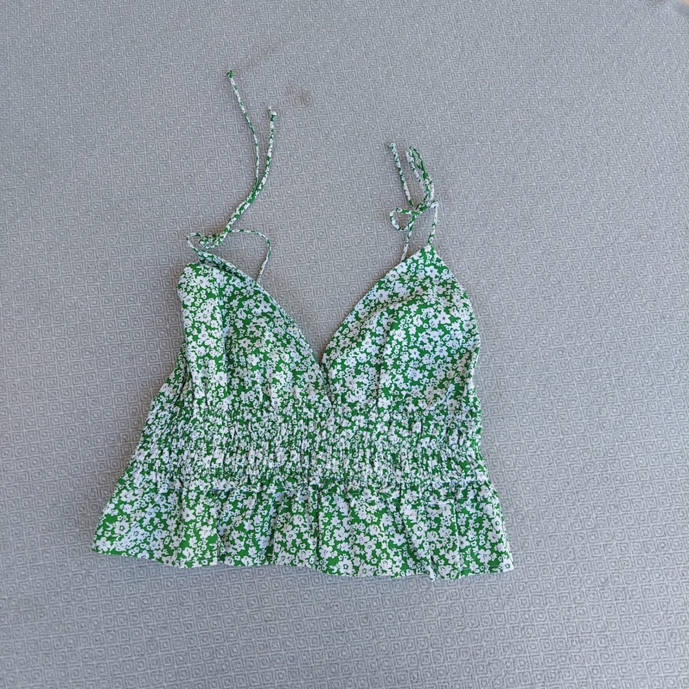 Sim & Sam Camisole Women XL Green Floral‎ Smocked Peplum Tie Strap Cotton Top